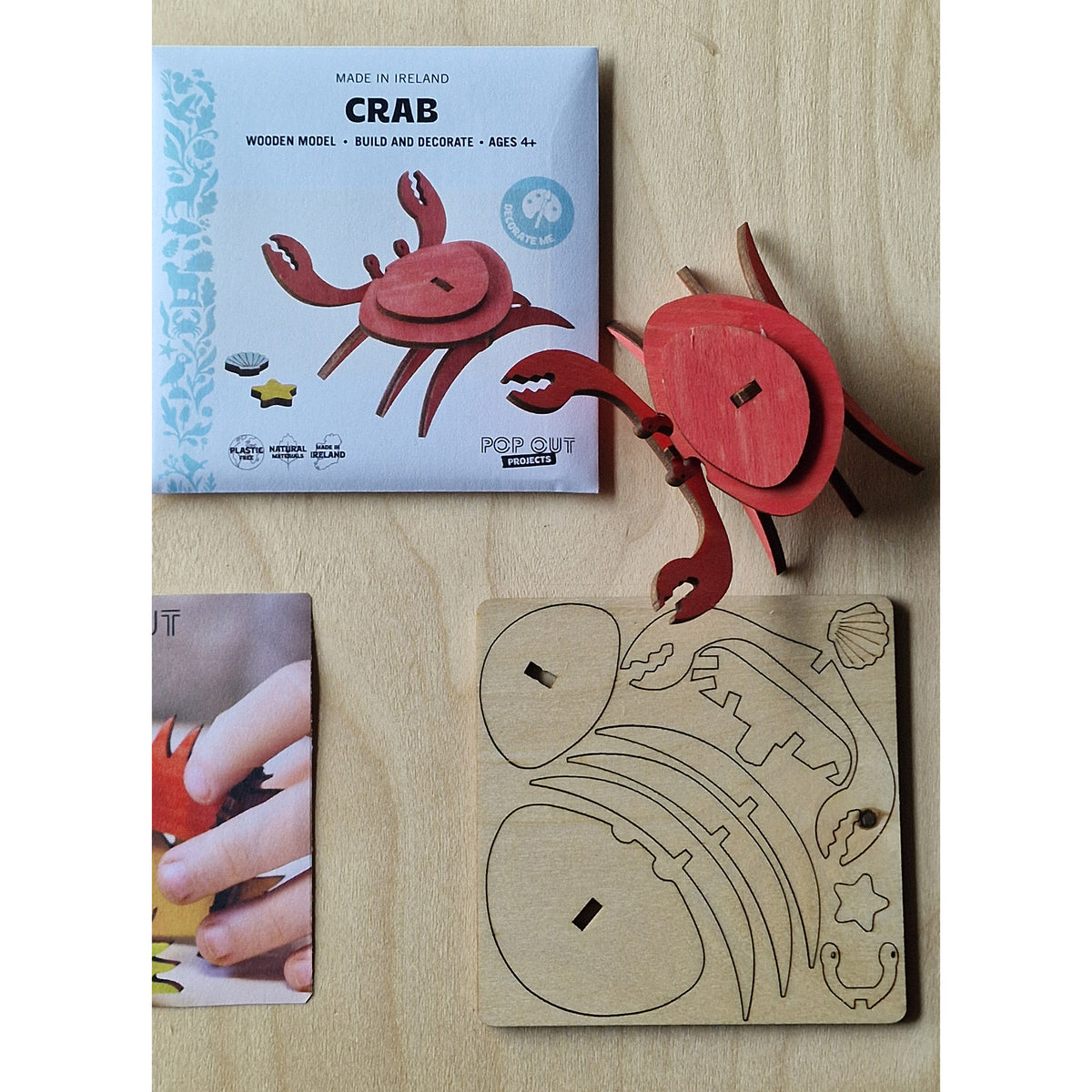 Wooden crab, starfish and shell laid out beside the Crab Wooden Craft Kit pack, seen from above