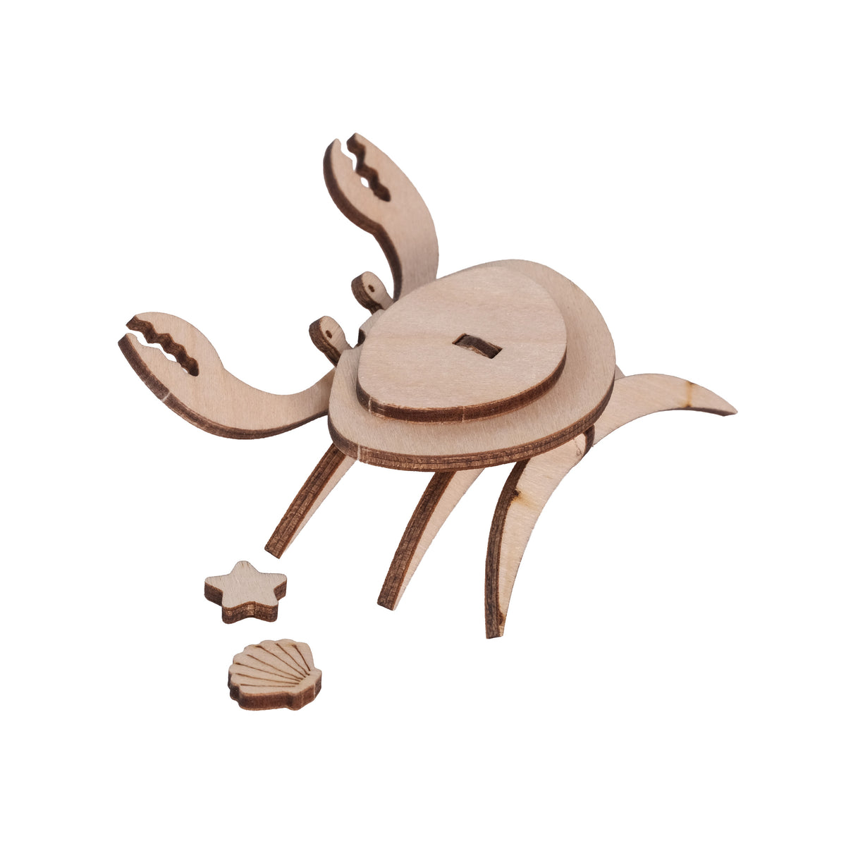 Unpainted birch plywood crab, starfish and shell from the Crab Wooden Craft Kit