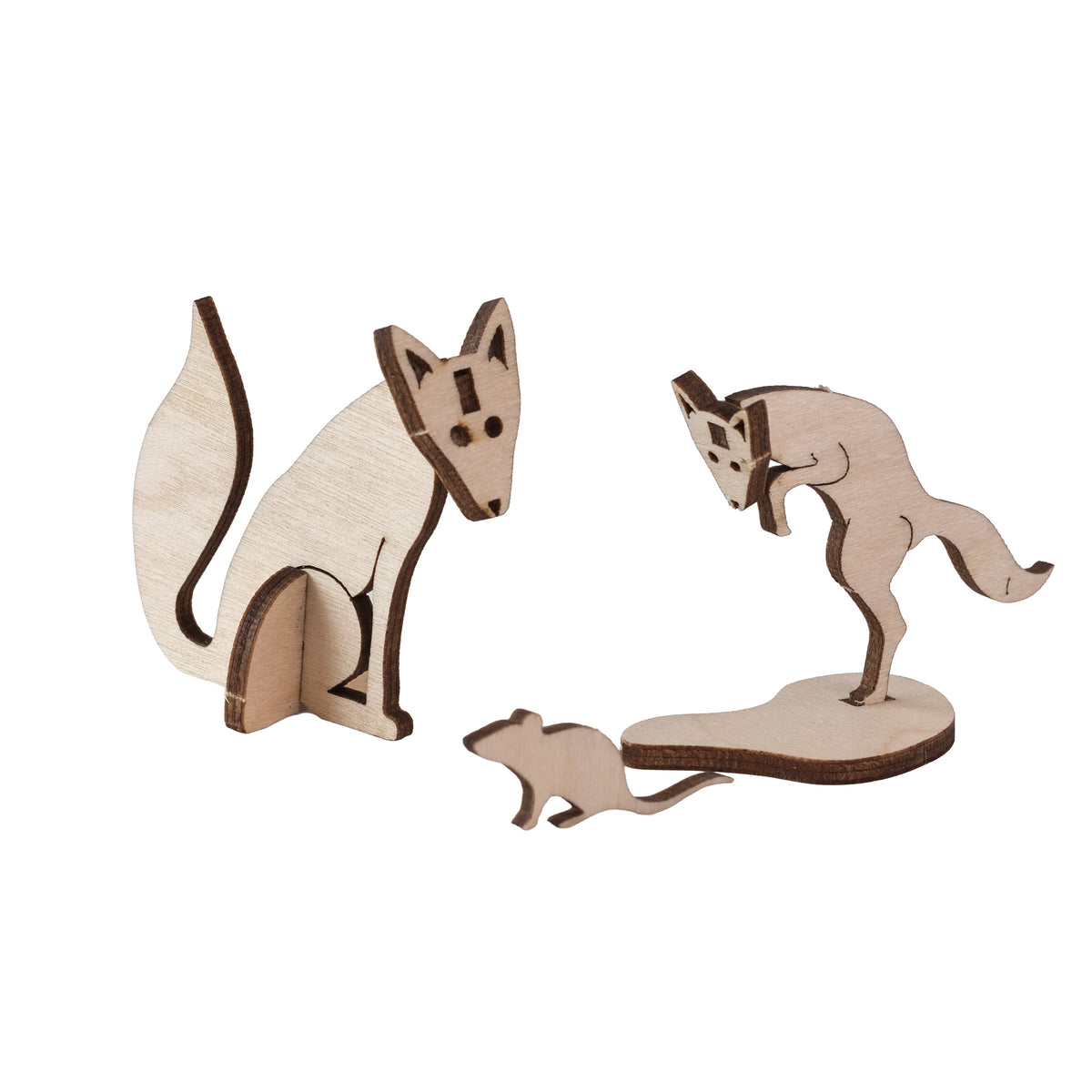 Unpainted birch plywood fox, cub and mouse from the Fox Wooden Craft Kit