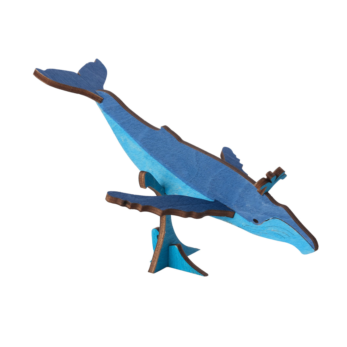 Painted wooden humpback whale with a wave and water spout, built from the Humpback Whale Wooden Craft Kit
