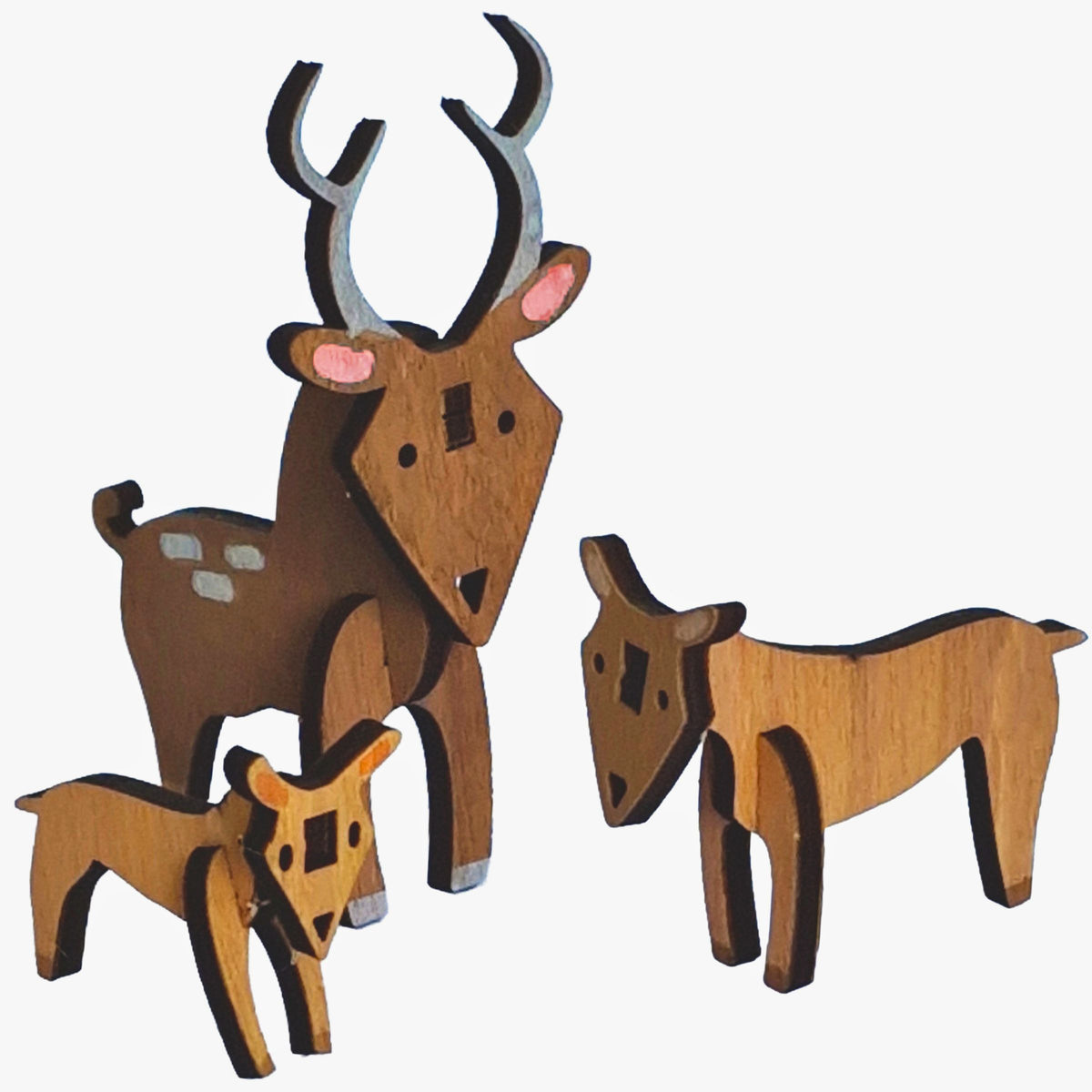 Painted wooden red deer family, a stag, a hind and a fawn, built from the Red Deer Wooden Craft Kit