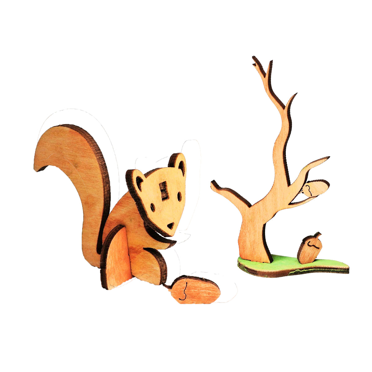 Unpainted birch plywood squirrel, tree and acorns from the Squirrel Wooden Craft Kit