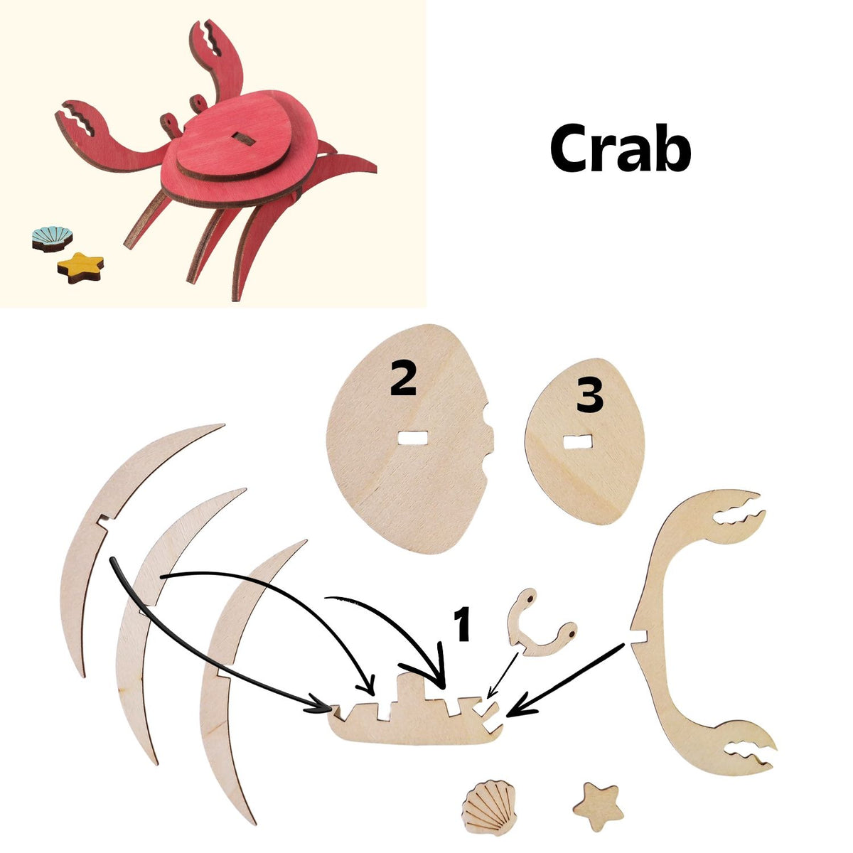 Assembly instructions for the Crab Wooden Craft Kit
