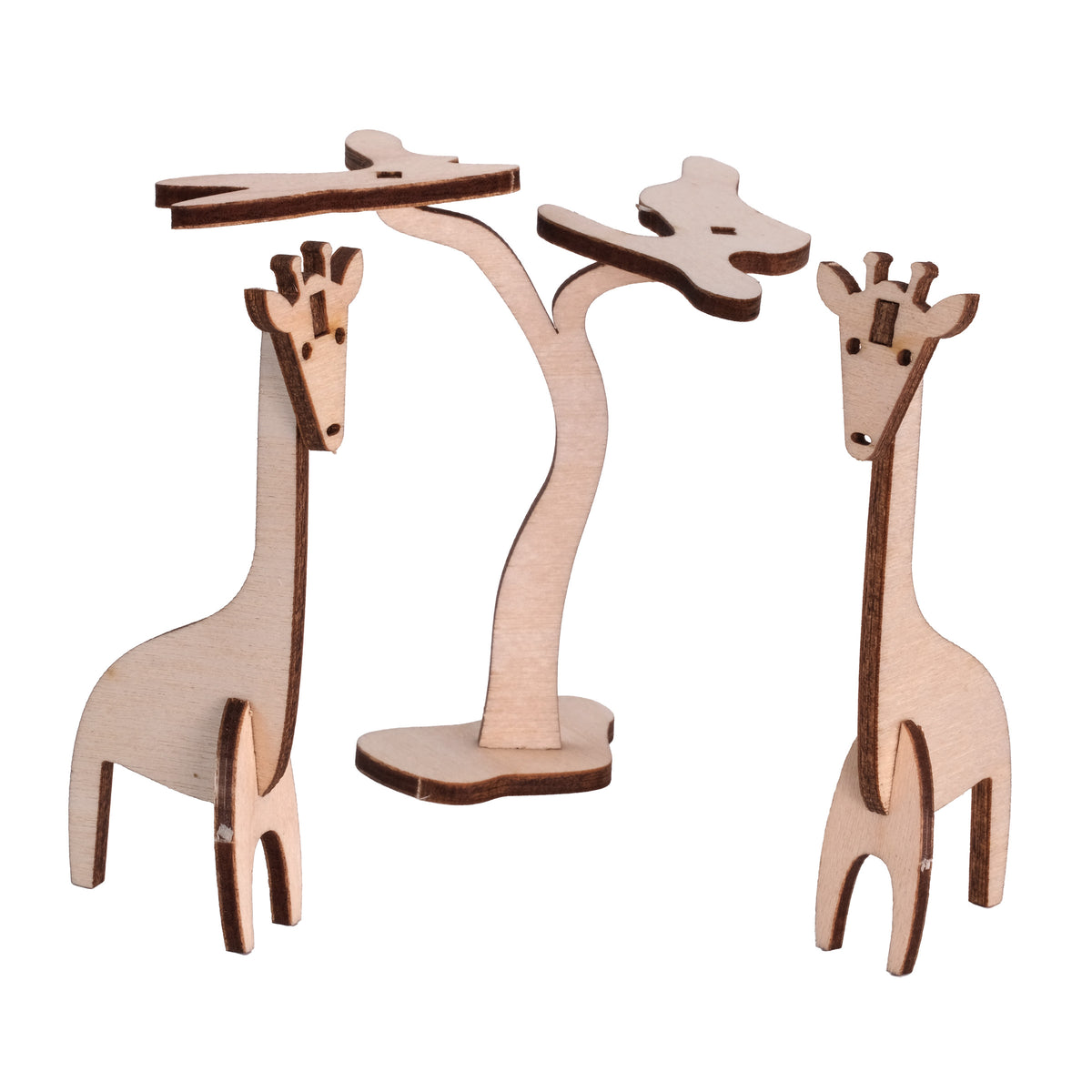 Unpainted birch plywood giraffes and acacia tree from the Giraffe Wooden Craft Kit